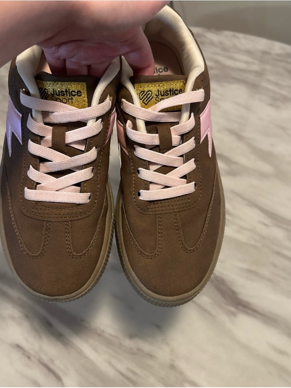 Justice Brown Platform Sneakers with Pink Lightning Accent